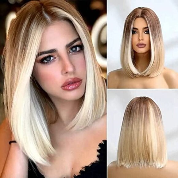 𝅺🆕 Stunning Bob Dark Platinum Blonde Ombre Wig Synthetic Lace SEXY NWT 👀😘 - Picture 1 of 8